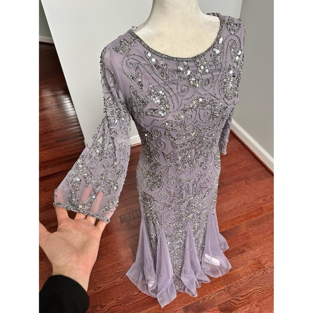 Pisarro Nights Mauve Grey Fully Embellished Beaded Quarter Sleeve Gown Dress 10p - Picture 2 of 12